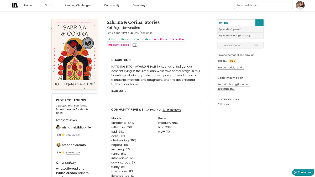 The new StoryGraph book page on desktop. Now there's a three column layout. The first column is the same as in the old design. The second column features the same information as before, but with fewer boxes and the Community Reviews show up there. The third column features a menu of buttons and links, including: add to up next, add to reading challenge, start a buddy read, and more!
