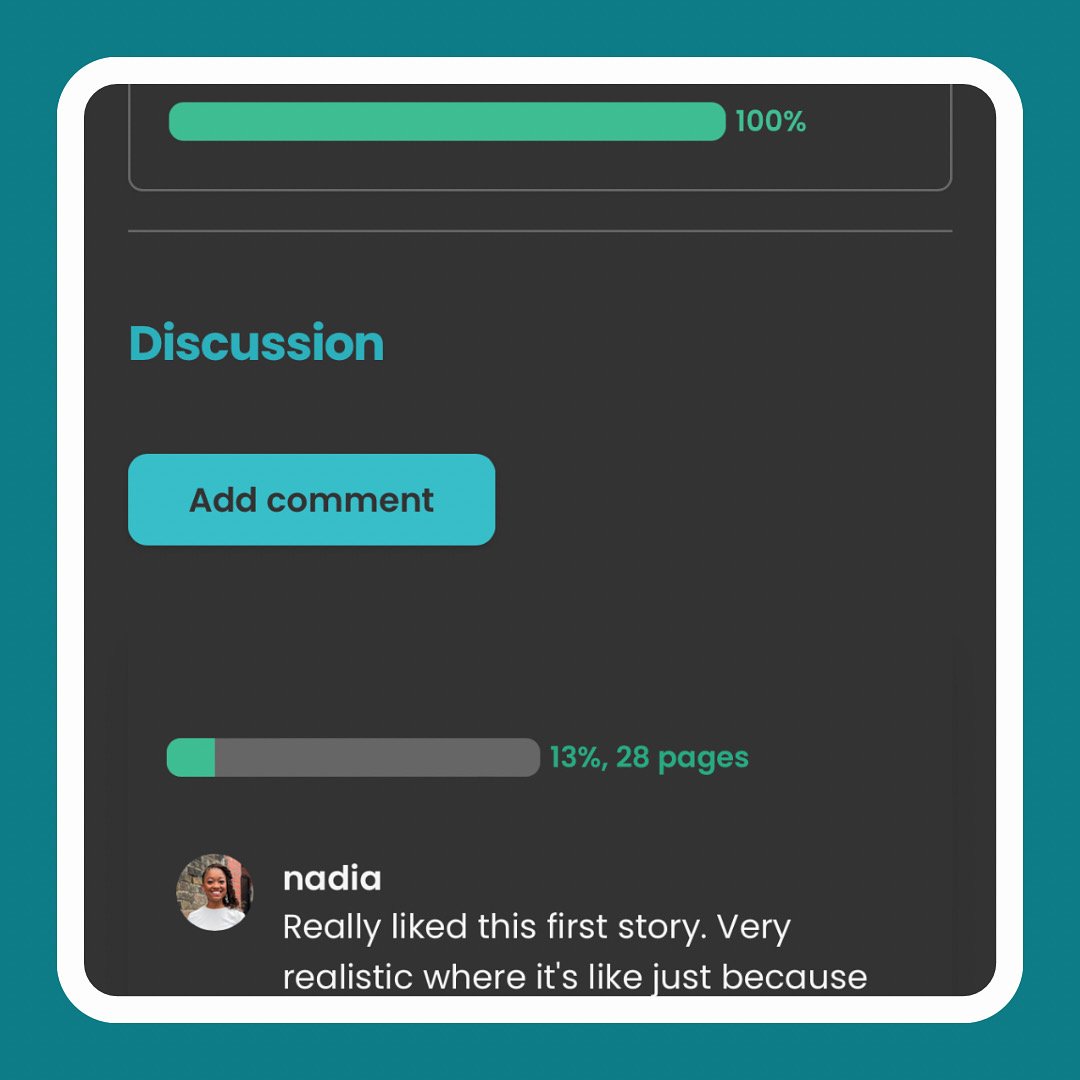 Screenshot of a StoryGraph buddy read comment. Above the comment text is a progress bar, filled a third of the way in green, with the label "13%, 28 pages" alongside it.