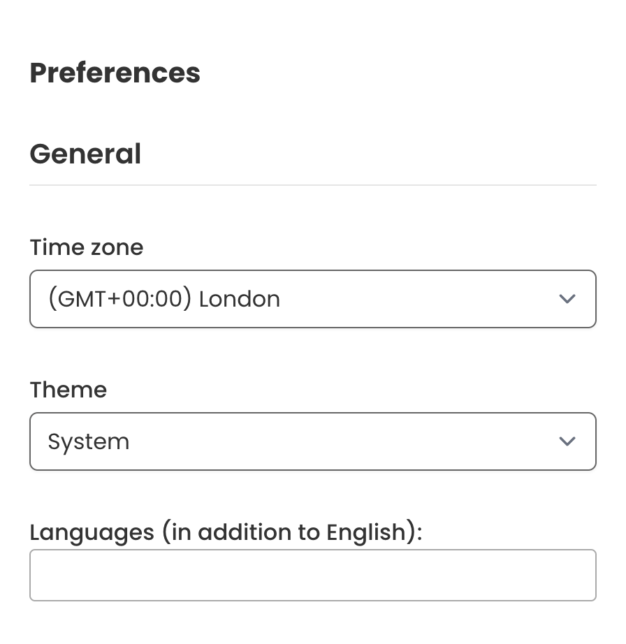 Screenshot of the top of StoryGraph's Preferences page. There are three dropdowns, labelled "Time zone", "Theme", and "Languages". In the top dropdown, "GMT London" is selected.