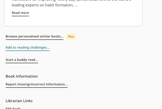 Screenshot of the links section of a StoryGraph book page. The second link: "Add to reading challenges..." is highlighted in green. The other links around it read: "Browse personalised similar books (Plus)", "Start a buddy read..." and "Report missing/incorrect information..."