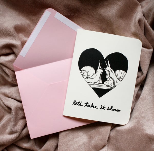"let's take is slow" valentine with two snails in a heart