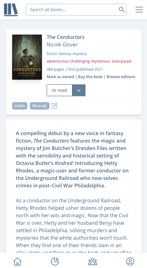 At the top of the book page, the book cover, title, author, moods, pace, and action items are all in one pane at the top. Then there is a second pane showing the book's blurb.