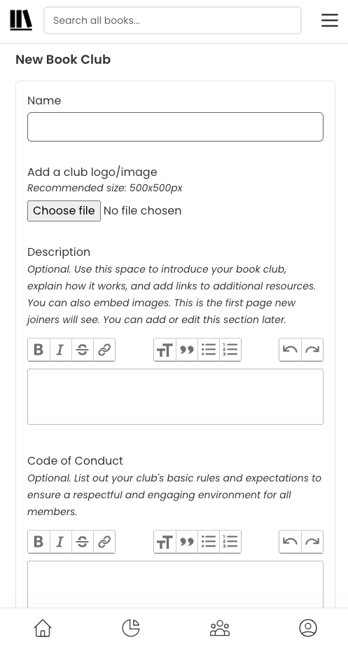 Screenshot of the "New Book Club" form page. The fields are: Name (text field), Add a club lobo/image (file attachment), Description (text area), and Code of Conduct (text area).