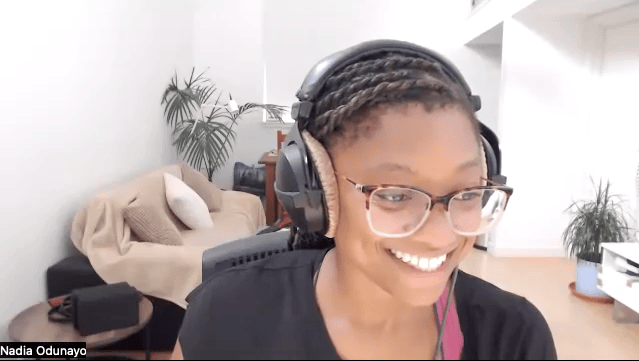 Screenshot of me in a Zoom call with a big grin on my face.