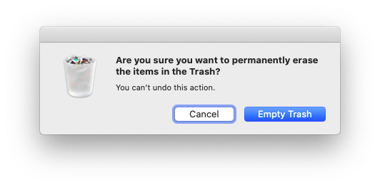 a screenshot of a macOS dialog says "Are you sure you want to permanently erase the items in the Trash?"