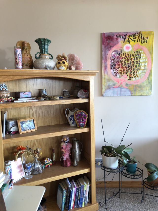 My living room bookshelf featuring my newest acquired painting for my collection: Venus of Manjimup by Jo Hanna