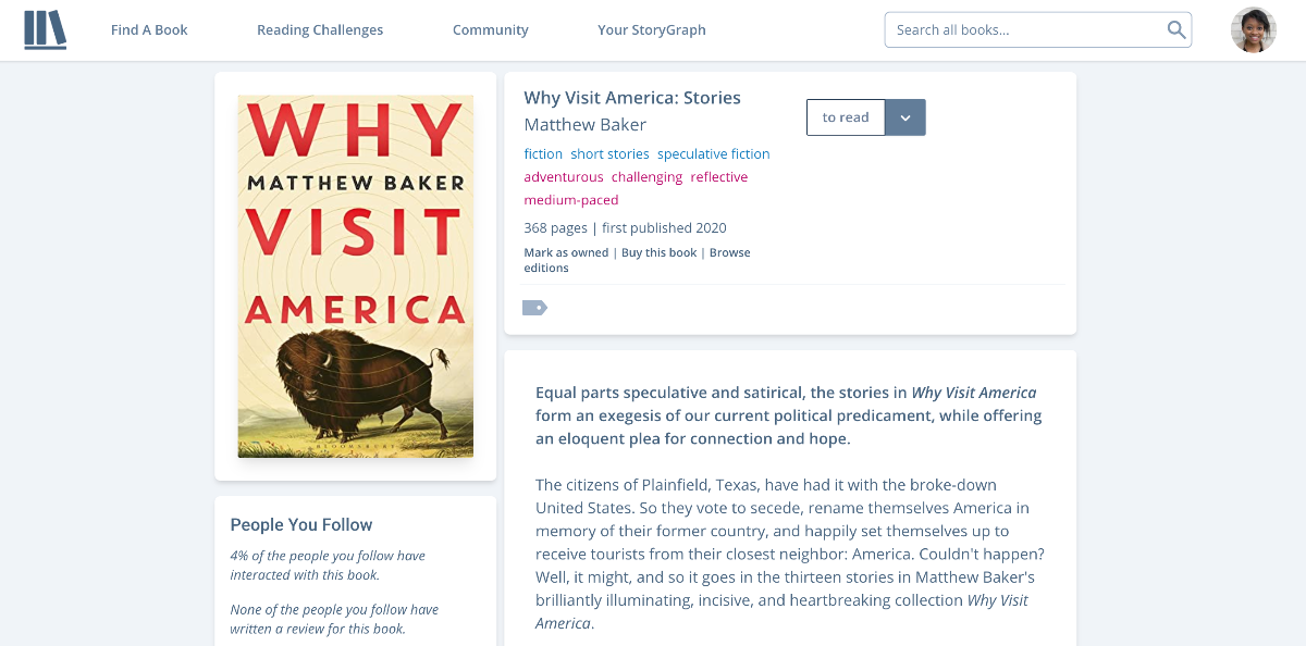 A screenshot of a current book page on The StoryGraph.