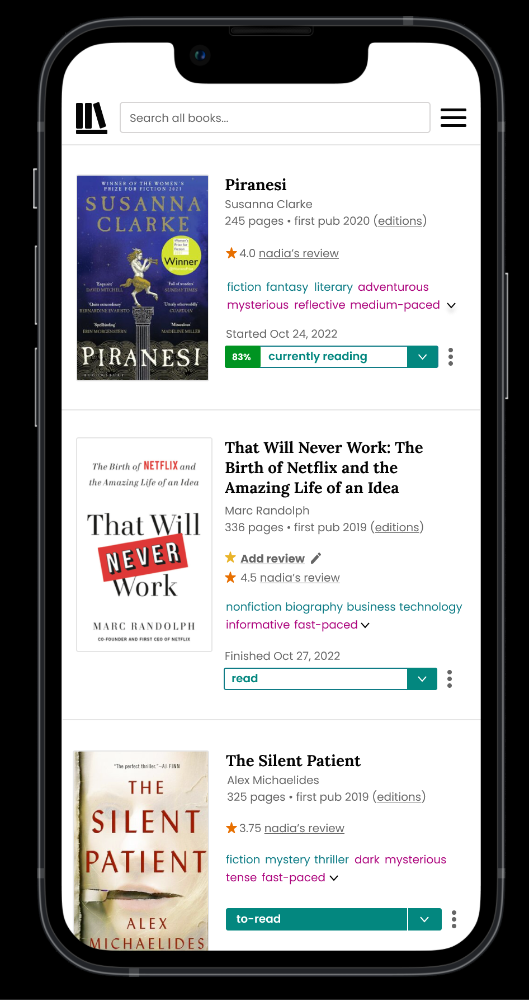 Screenshot from a prototype of StoryGraph's current design. A book list view is shown in a phone encasing.