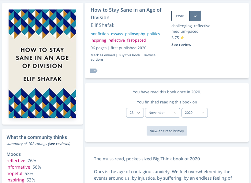 Screenshot of top half of book page for Elif Shafak's "How To Stay Sane In An Age of Division".