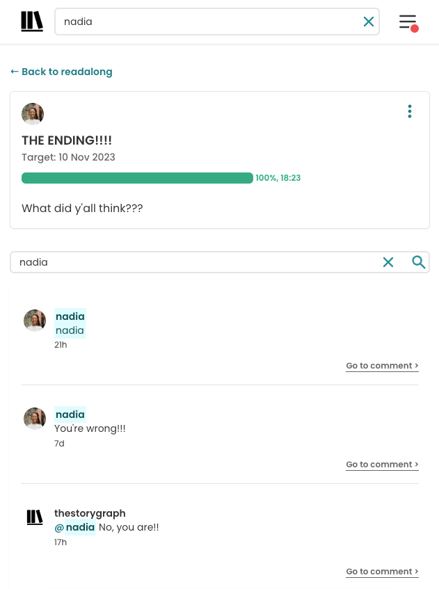 Screenshot of a readalong forum page. The user has typed 'nadia' into the search bar and three results are shown. The text 'nadia', whether as part of the comment body or the comment author's username is highlighted in a very light cyan (and the text is in dark cyan). Then by each comment is a link to the right to "Go to comment".