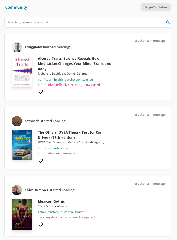 A screenshot of The StoryGraph's "Community" News Feed. Three updates are showcased, showing a range of users, starting, finishing, and reviewing books.