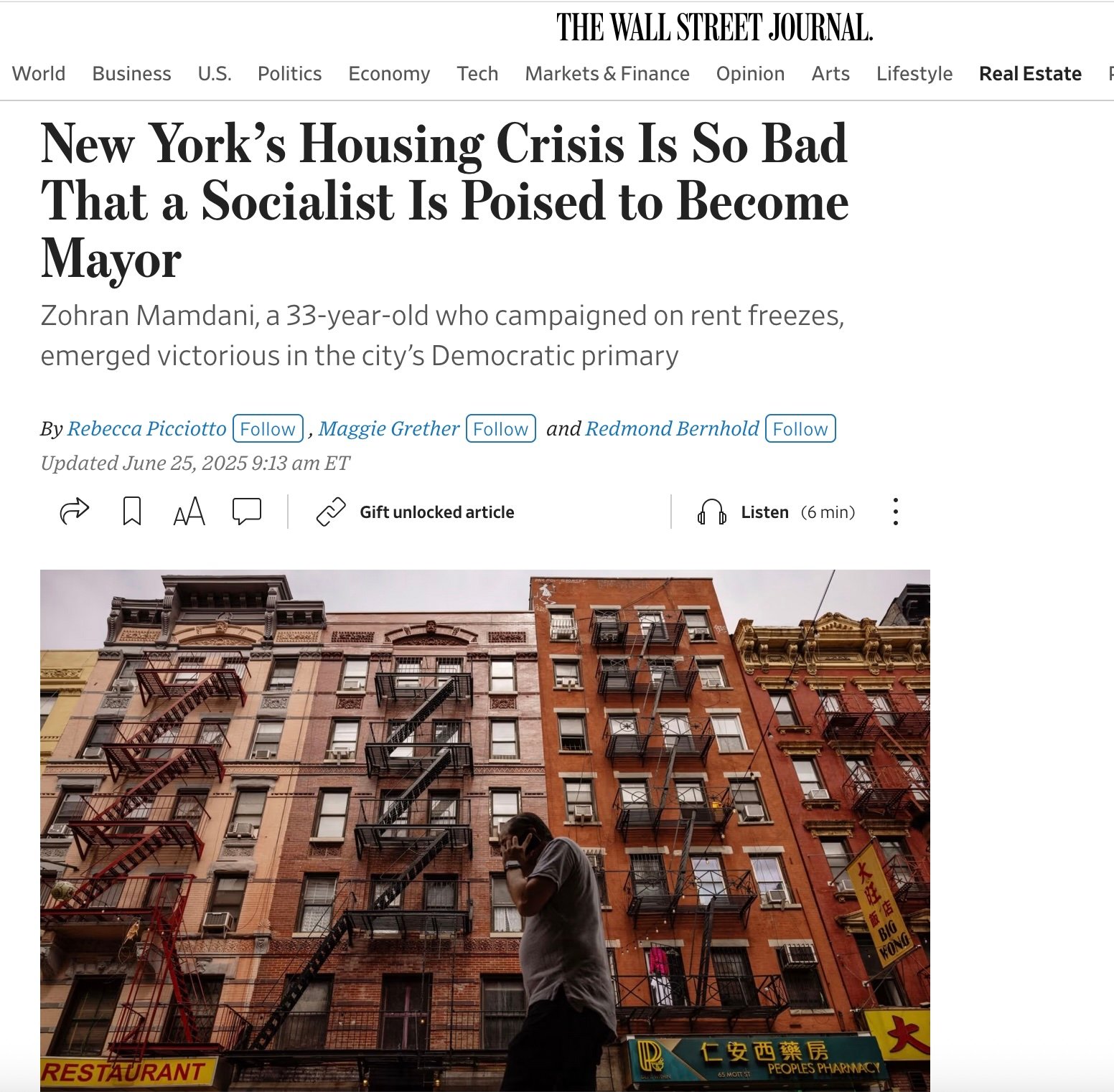Screenshot from the June 25, 2025, Wall Street Journal with the headline "New York's Housing Crisis Is So Bad That a Socialist Is Poised to Become Mayor" Screenshot from the June 25, 2025, Wall Street Journal with the headline "New York's Housing Crisis Is So Bad That a Socialist Is Poised to Become Mayor"