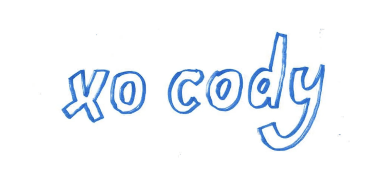 blue letters that say XO cody 