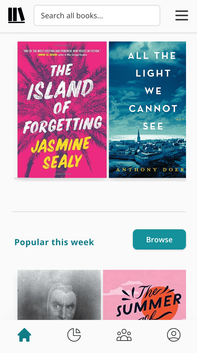 Screenshot from the mobile app. Two book carousels are shown, with book covers lined up horizontally across the screen. The title of the second one is visible reading: Popular this week. To the right of the title is a green button labelled: "Browse".