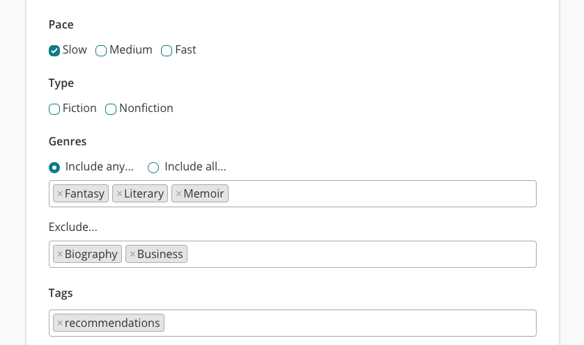 A screenshot showing part of a filter menu on The StoryGraph. Under the "Pace" section, the "Slow" textbox is checked.