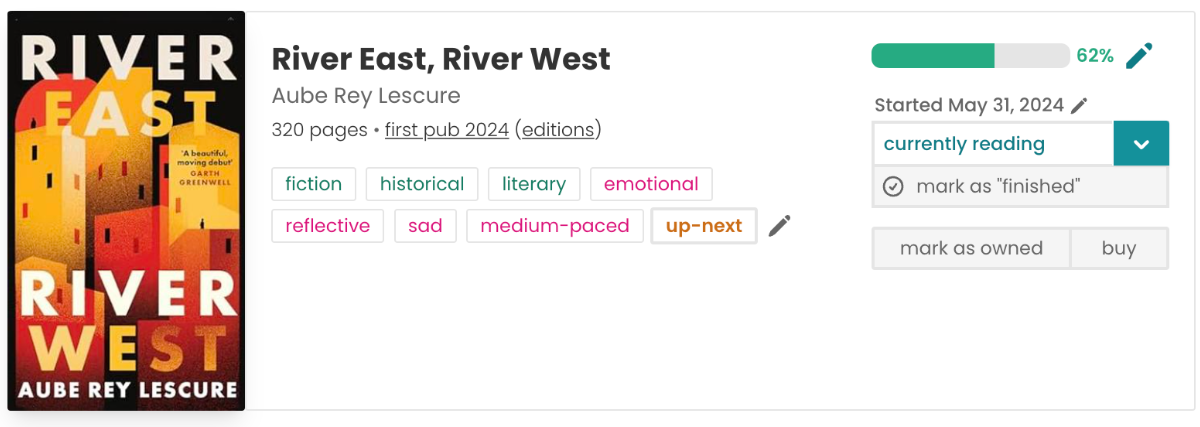 The image shows details about the book "River East, River West" by Aube Rey Lescure. It's a 320 page fiction book being published in 2024. Tags describe it as historical, literary, emotional, reflective, sad, medium-paced and up-next. The reading progress bar shows it is 62% finished as of May 31, 2024.