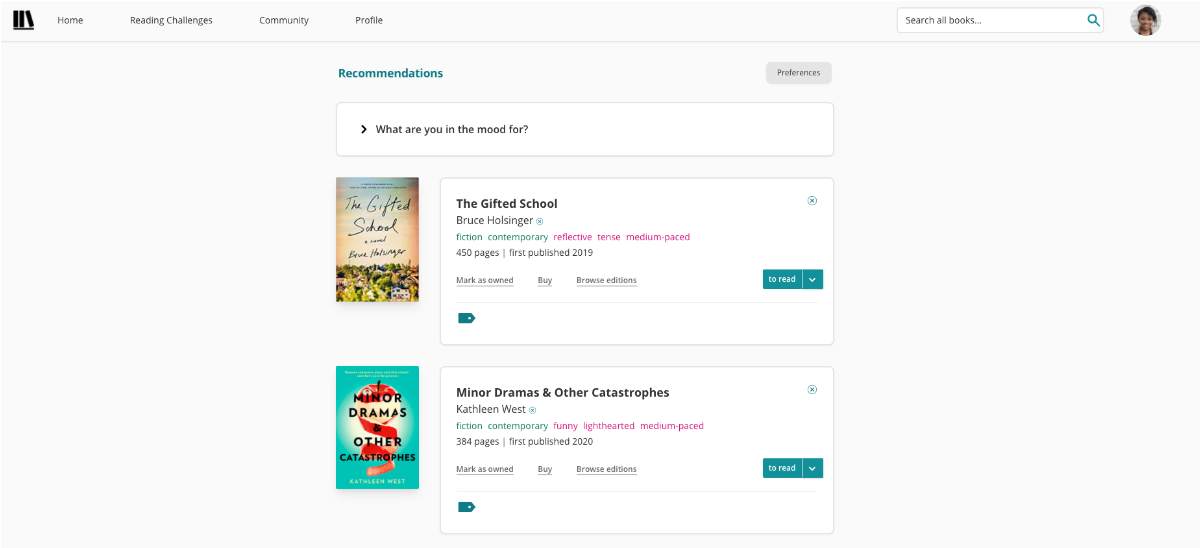 In the new recommendations page, for the same two books shown, the covers have been pulled out separate to the rest of the book information. They are to the left of the book's title, author, moods, pace, and other metadata.