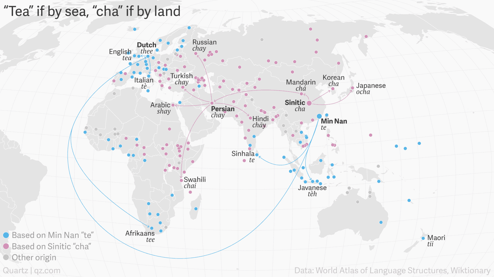 The spread of the word tea or cha around the world