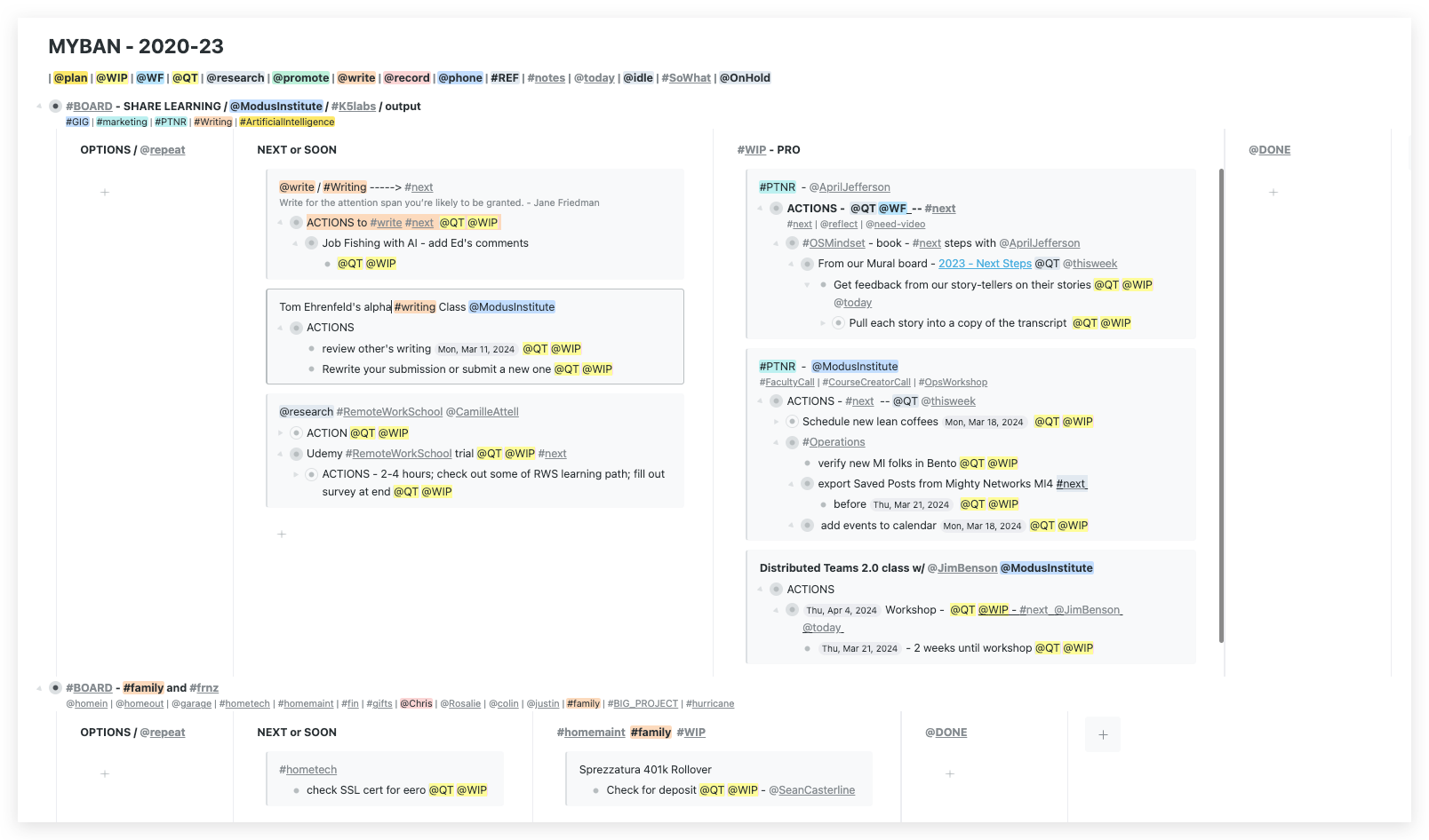 Another screenshot of my Workflowy boards with the WIP tag activated and only a limited number of task cards being displayed.