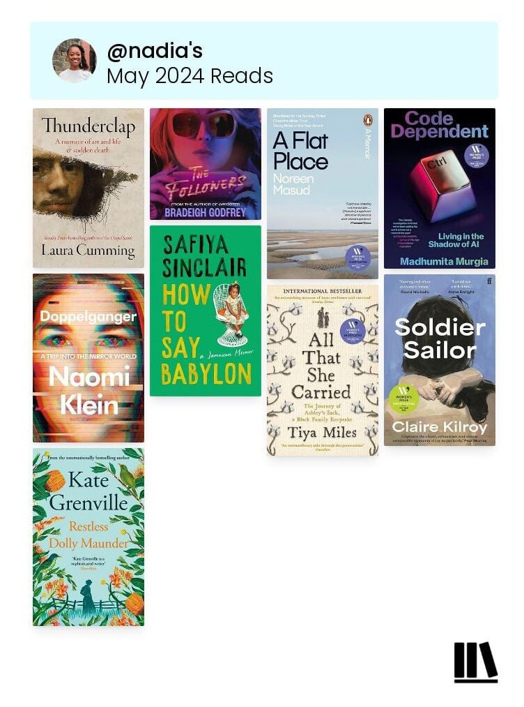 A collage of covers of all of the books I read in May 2024. There are four covers to a row, with 9 books in total. The heading reads "nadia's May 2024 Reads" and my profile picture is shown top left.