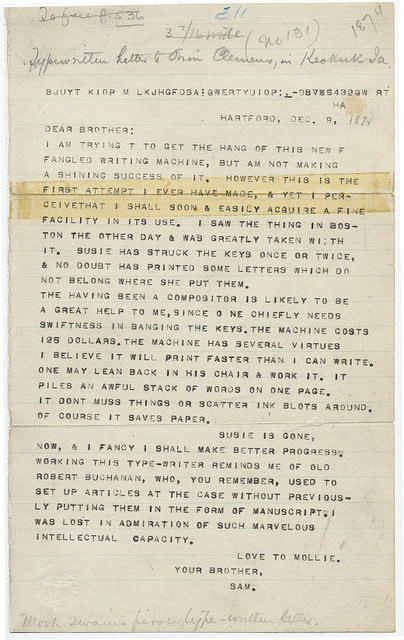 Twain's first typewritten letter [click to view story]