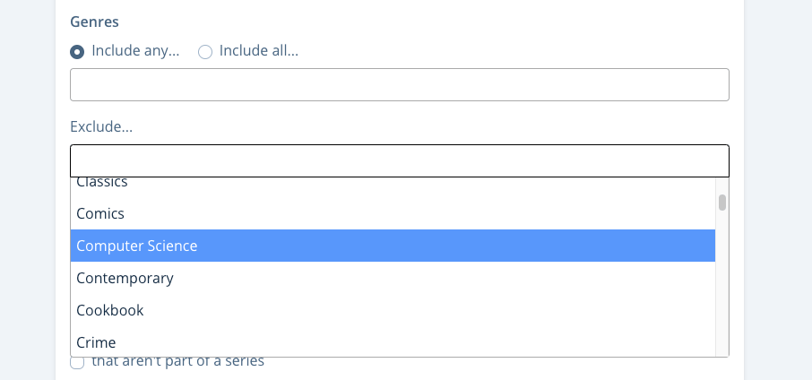 Website screenshot showing a dropdown list of Genres, alphabetically ordered, with 'Computer Science' highlighted.
