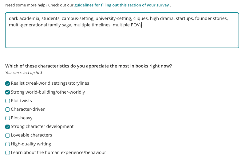 A screenshot of the Edit Reading Preferences Survey form. There is a free text box filled out with some themes and topics the user likes to read about. Above the free text box is a sentence that reads: "Need some more help? Check out our guidelines for filling out this section of your survey."