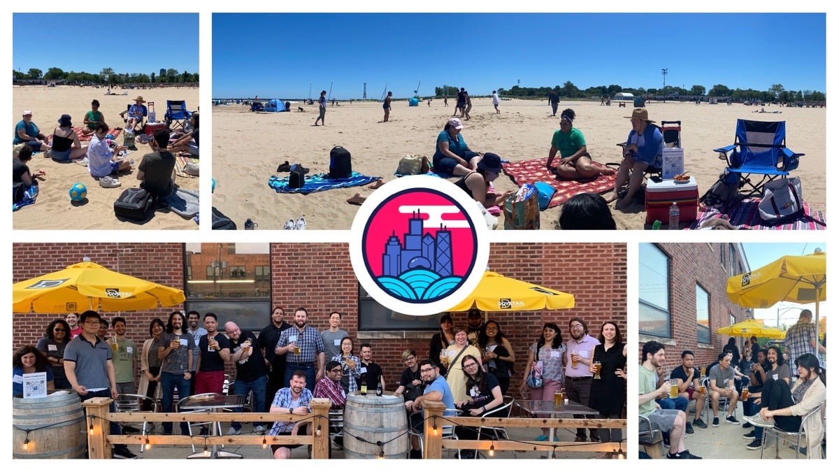 Collage of June Beach outing and July Mixer group photos