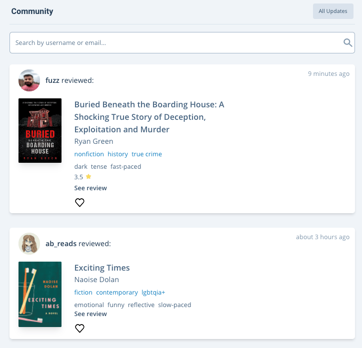 A screenshot of a user's personal Community news feed. There is a search bar to search for users by username or email. Then there are two panes showing two users who have reviewed recent reads. In the top right, there's a button to see "All Updates".