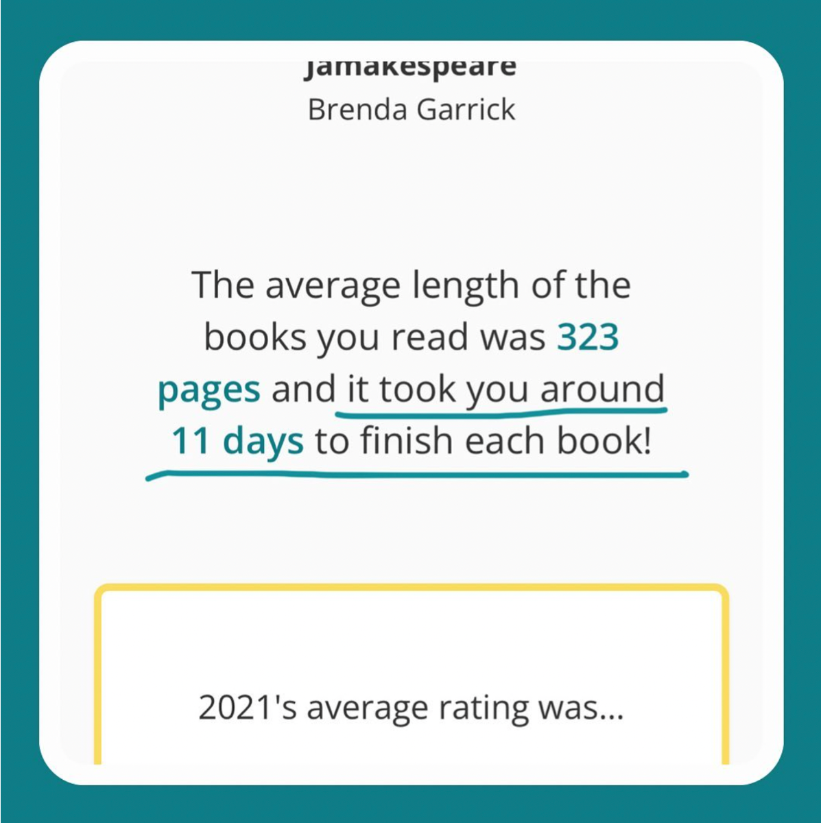 Screenshot from my 2021 Wrap-Up. The text shown reads: "The average length of the books you read was 323 pages and it took you around 11 days to finish each book!". The last part of the sentence is underlined in dark green.