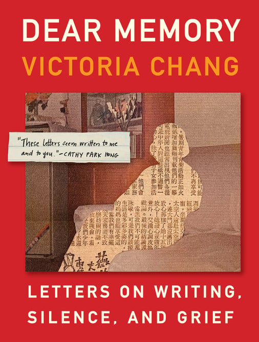 book cover of Dear Memory by Victoria Chang a red background with a collaged image of a seated figure's silhouette on a couch 