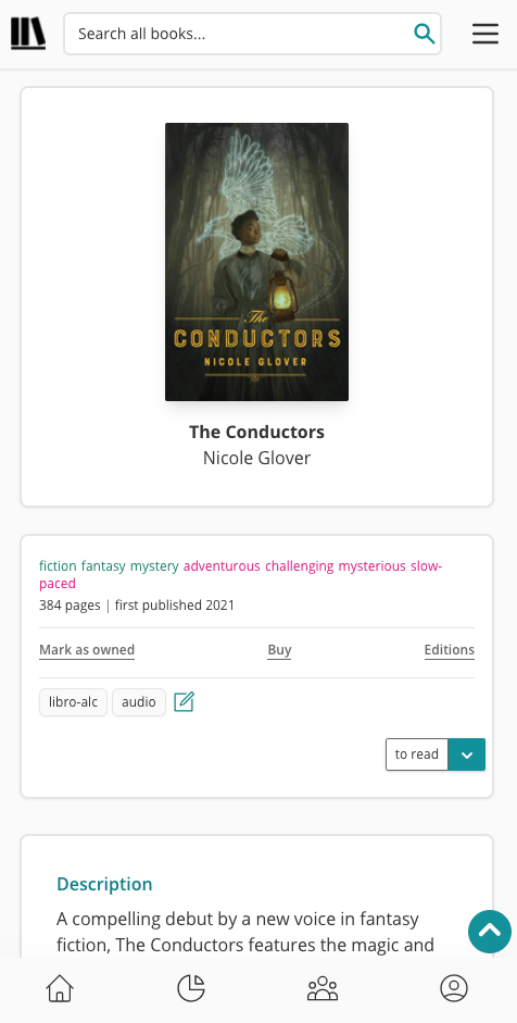 On the new mobile homepage, in the pane at the top, the book cover is front and centre, with the title and author, underneath. Then, in a second pane are the moods, pace, and other book metadata and action items. Beneath that is a third pane, with a preview of the book's description/blurb.