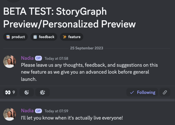 Screenshot of a Discord forum post. The title reads: BETA TEST: StoryGraph Preview/Personalized Preview. The description reads: "Please leave us any thoughts, feedback, and suggestions on this new feature as we give you an advanced look before general launch.". Then there's one comment by me which reads: "I'll let you know when it's actually live everyone!"