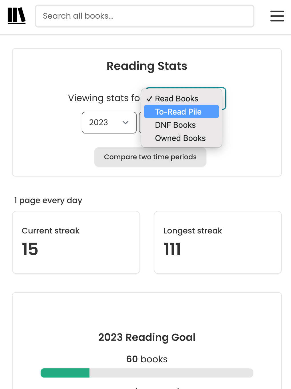 Screenshot of the top of a StoryGraph stats dashboard. There's a dropdown with the label "Viewing stats for". "Read books" is checked, but the dropdown has been expanded to show the following three further options: To-Read Pile, DNF Books, Owned Books.