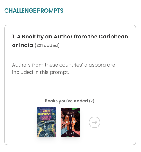 The new prompt pane, featuring larger text, a dashed divider line between the description and notes and books added, and a right arrow icon to take you to the prompt page.