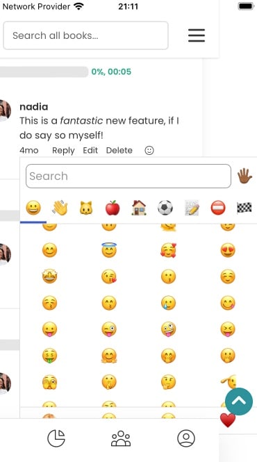 Screenshot of a buddy read comment with a smiley-emotion button, which when clicked expands an emoji picker menu.