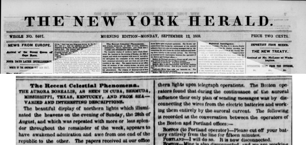 The New York Herald, September 12, 1859: The Recent Celestial Phenomena.