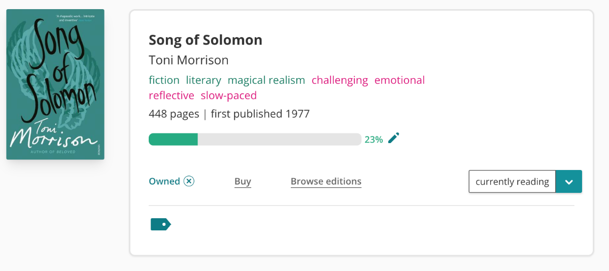 Book pane for Toni Morrison's Song of Solomon on StoryGraph. The cover is to the left, with a deep green background featuring the outline of wings. To the right is the book pane featuring the book information. It is tagged with: 'fiction, literary, magical realism, challenging, emotional, reflective, and slow-paced". It has 448 pages and was first published in 1977. There's a progress bar 23% filled, and it's marked as "owned" and "currently reading".