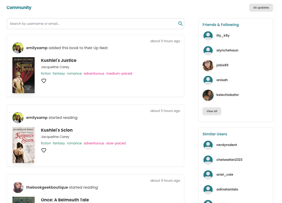 Screenshot of the current Community page showcase a couple news feed updates, a "Friends & Following" section, and a "Similar Users" section.