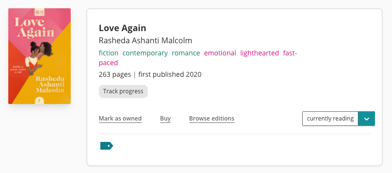 The book pane for Love Again. It's tagged as 'fiction, contemporary, romance, emotional, lighthearted, fast-paced". I've marked the book as "currently reading".