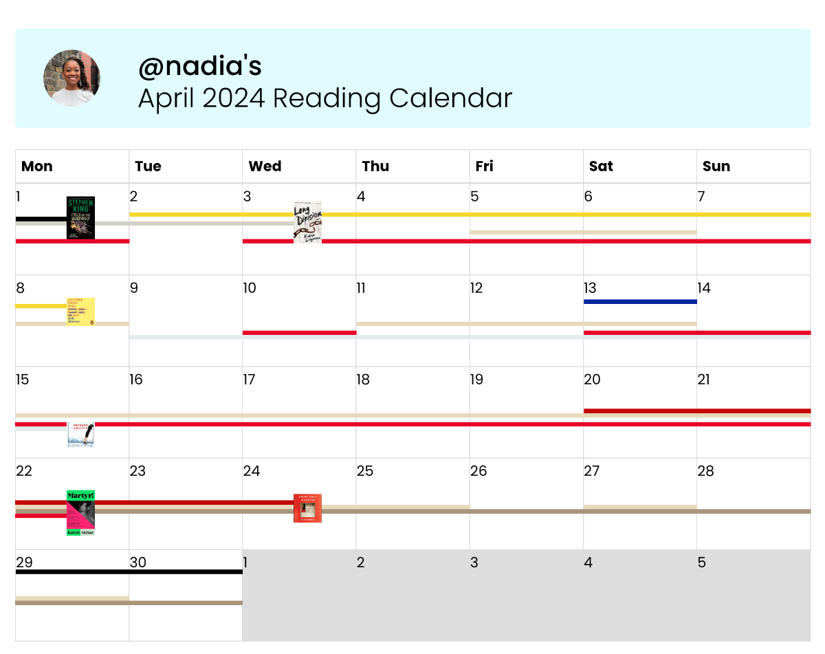 Screenshot of a very similar image to the one prior, though these colours are brighter, more evidently sourced from the featured cover images. The heading on this one reads "Nadia's April 2024 Reading Calendar".