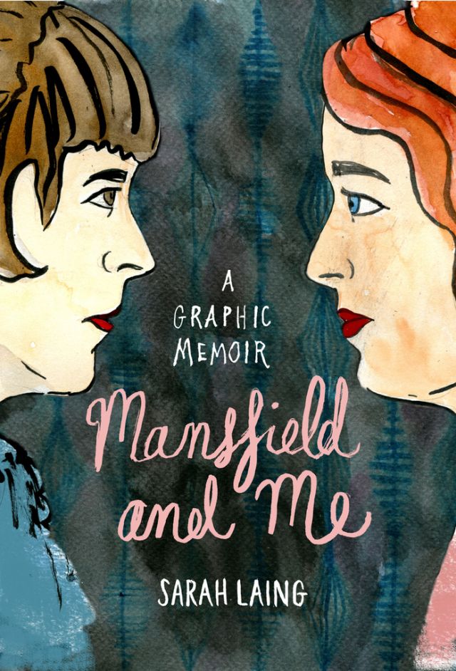 book cover of Mansfield and Me: A Graphic Memoir two white women looking at each other in profile one has brown hair, the other red illustrated in watercolor