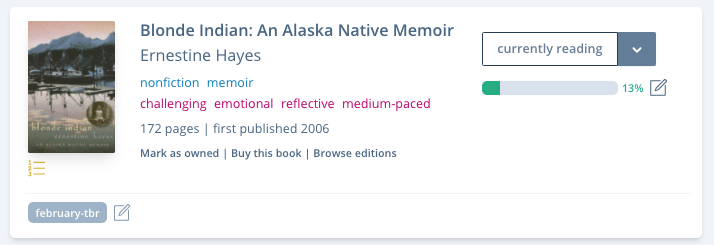 A screenshot of Blonde Indian's book pane on The StoryGraph.