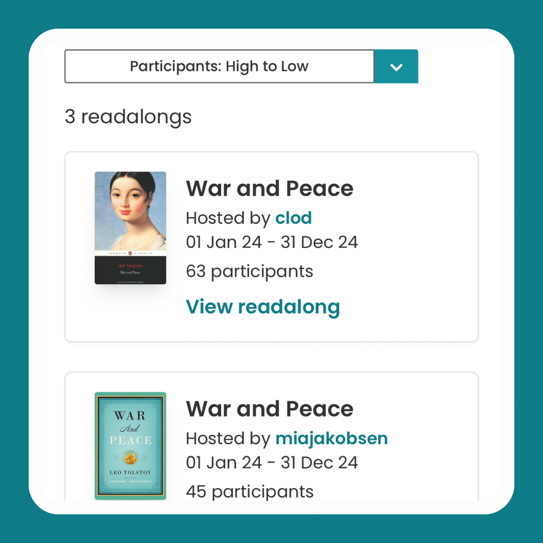 The result of clicking on the link in the prior screenshot. Now we see the public readalongs page filtered down to show the active "War and Peace" readalongs. There are three, two visible, and they are sorted by "Participants: High to Low". The two editions shown are different and the top readalong has 63 participants, and the bottom one 45.