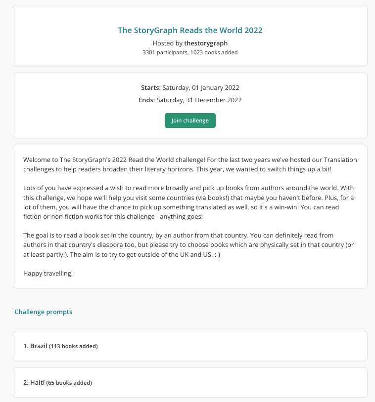Screenshot of the Read the World Challenge page. There is a green title at the top that reads "The StoryGraph Reads the World 2022". Underneath is a subtitle reading 'Hosted by thestorygraph'. Underneath that reads: 3301 participants, 1023 books added. At the bottom of the screenshot are the first two prompts: Brazil (113 books added), and Haiti (65 books added).