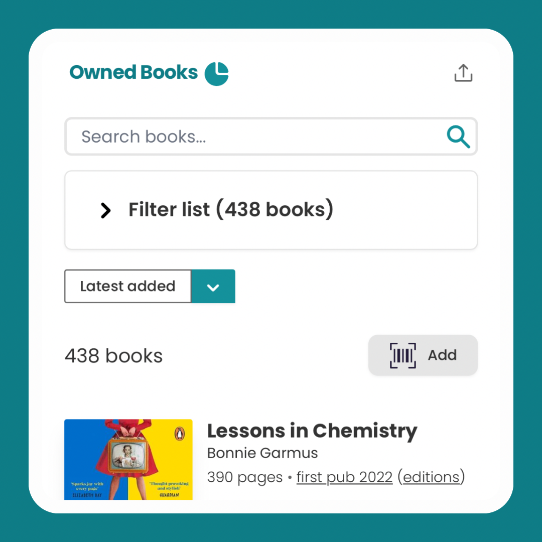 Screenshot of the Owned Books page on StoryGraph. Top right, above the list of books, there's a grey "Add" button with a scan icon in it.