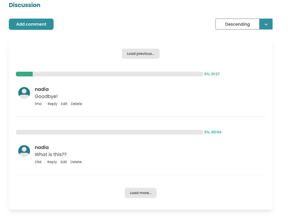 Screenshot showing a buddy read discussion section. Two comments are visible. Above the comments is a grey button with the label "Load previous...". Below the two comments is a grey button with the label "Load more..."