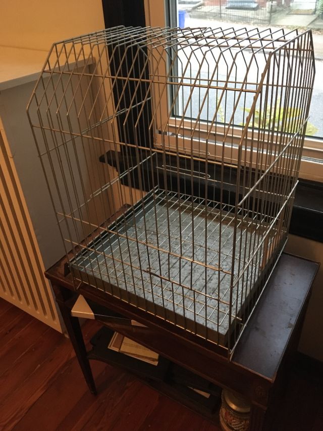 a photo of a truly enormous metal wire bird cage seated on top of an end table, next to a radiator for scale. it is more than half as tall as the radiator.