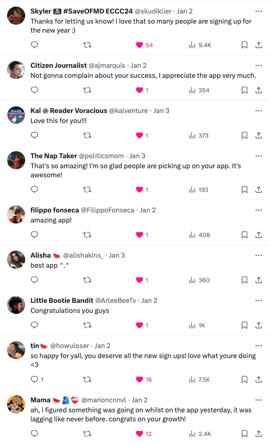 Screenshot of nine tweets expressing love for us and congratulating us on our success!