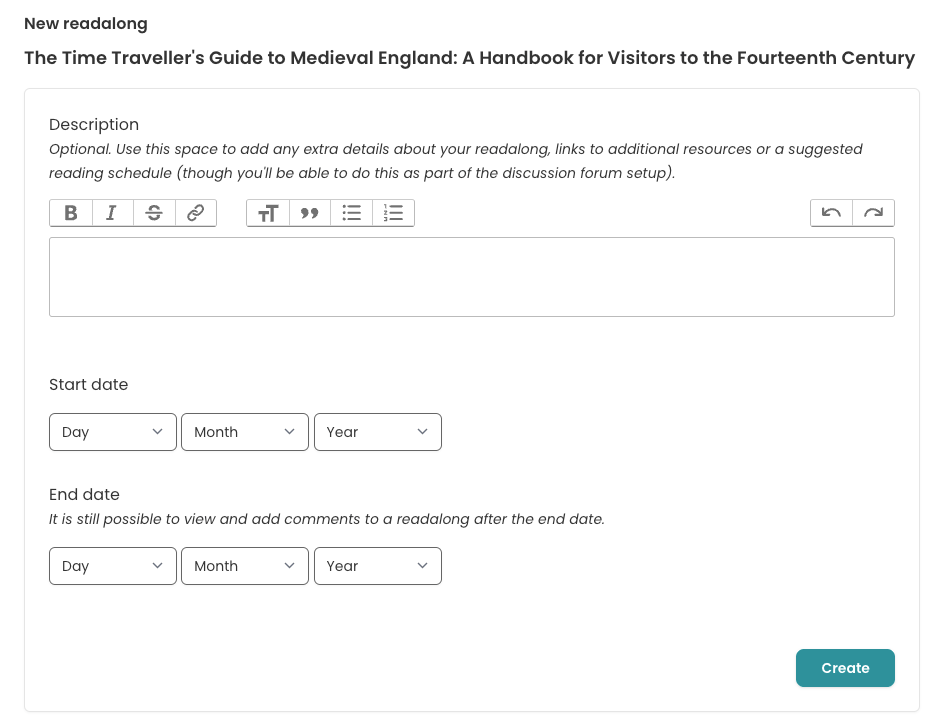 Screenshot of the "New readalong" page. It features a field for the Description and select boxes for the start and end dates.